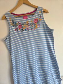 UK16, Joules Riva Sleeveless Jersey Dress Blue & White Stripe with Floral Detail
