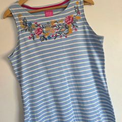 UK16, Joules Riva Sleeveless Jersey Dress Blue & White Stripe with Floral Detail