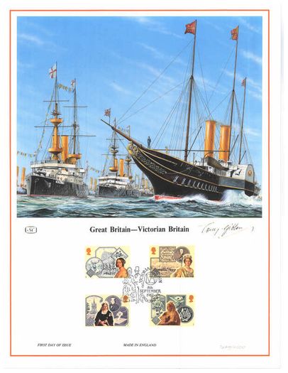 1987 Great Britain Limited Edition Lithographed Print measuring 333mm X 257mm showing Victoria Britain Commemorative stamps with First Day of Issue Cancel