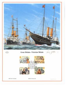 1987 Great Britain Limited Edition Lithographed Print measuring 333mm X 257mm showing Victoria Britain Commemorative stamps with First Day of Issue Cancel