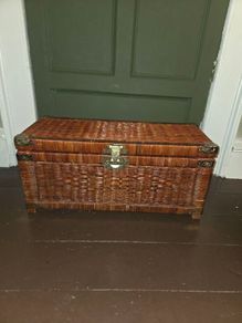 Mid Century Wicker and Rattan Storage Chest with Engraved Brass hardware