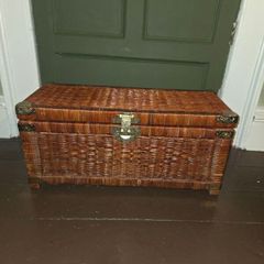 Mid Century Wicker and Rattan Storage Chest with Engraved Brass hardware