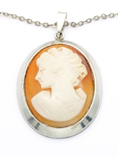 Lady Cameo Carved Shell Sterling Silver Necklace