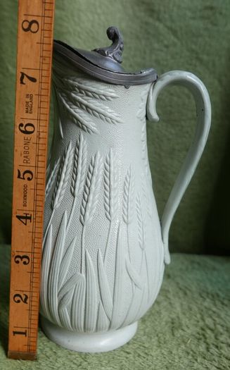Antique Staffordshire Parian Ware Pitcher: William Brownfield Fern Design, Pewter Lid