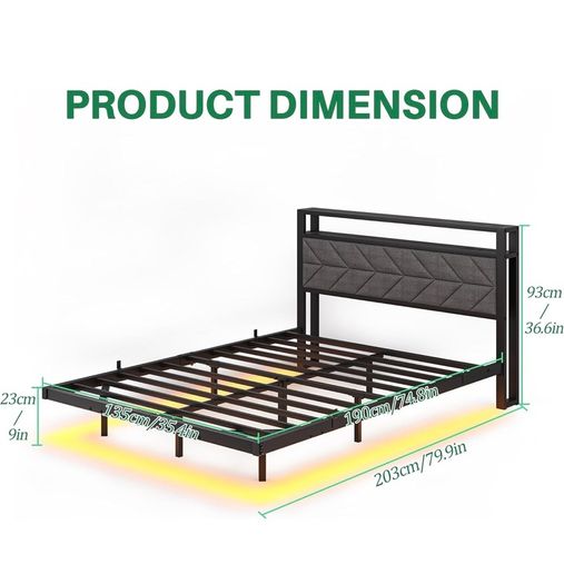4ft6 Upholstered Floating Double Bed Frame Black, Storage Headboard Metal Bed Frame with LED Lights and Charging Station, Heavy Duty Metal Slat Support, Noise Free, No Box Spring Needed