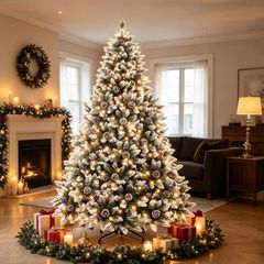 Artificial Christmas Tree with Lighting and Snow, Christmas Tree with Metal Stand (180 cm)