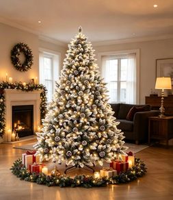 Artificial Christmas Tree with Lighting and Snow, Christmas Tree with Metal Stand (180 cm)