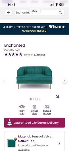 Teal dfs Enchanted sofa set. Four seater and cuddle seat.