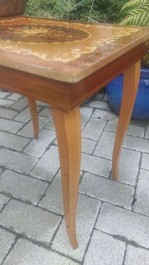 Vintage Mid Century Side Table with a Handmade Marquetry Panel Top Featuring a Floral Motif, Unknown Maker, Presume Italian-Made, Condition Issues, Needs Restoring