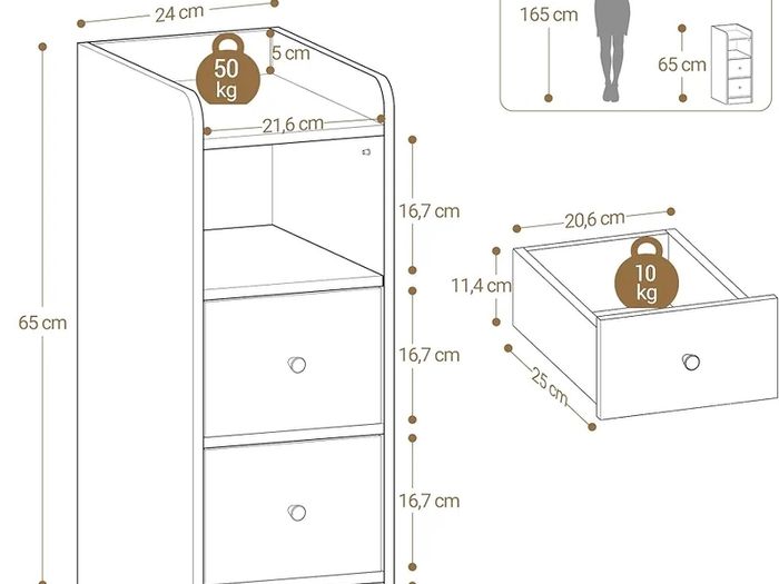 Slim Bedside Tables Set of 2, Narrow Side Table with 2 Drawers, Bedside Cabinet with Open Compartment, Adjustable Drawer Position for Bedroom, Living Room, 30 x 24 x 65 cm White