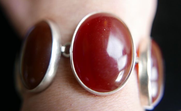 Vintage Sterling Silver 925 Carnelian Link Bracelet with Toggle Clasp L-8,5"  51,28g