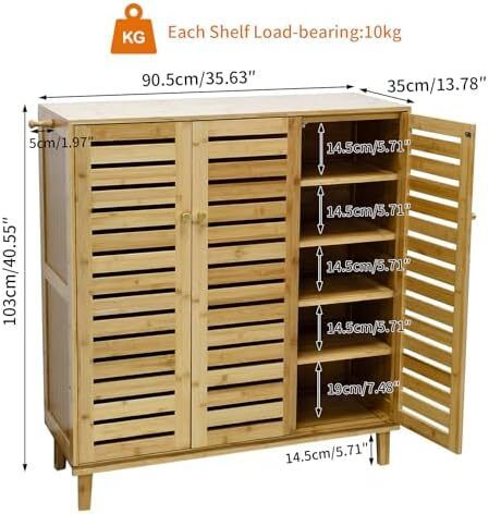 Bamboo Shoe Storage Cabinet Wooden Shoes Rack Organiser with Slatted Doors