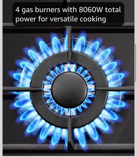 Gas Hob 4 Burners, 60cm Black Glass Gas Cooker Hob, 8060W Wok Burner, Built-in Cooktop with Flame Failure Protection, NG/LPG Convertible