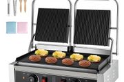 Commercial Panini Grill, 3600W Electric Sandwich Panini Maker, Stainless Steel Double Sandwich Press Grill, Panini Grill with Temp Control, 48x23cm Flat Enamel Plate for Hamburger Steak Bacon