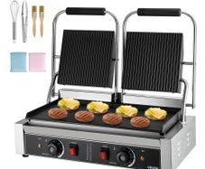 Commercial Panini Grill, 3600W Electric Sandwich Panini Maker, Stainless Steel Double Sandwich Press Grill, Panini Grill with Temp Control, 48x23cm Flat Enamel Plate for Hamburger Steak Bacon