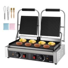 Commercial Panini Grill, 3600W Electric Sandwich Panini Maker, Stainless Steel Double Sandwich Press Grill, Panini Grill with Temp Control, 48x23cm Flat Enamel Plate for Hamburger Steak Bacon