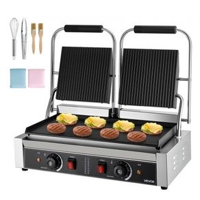 Commercial Panini Grill, 3600W Electric Sandwich Panini Maker, Stainless Steel Double Sandwich Press Grill, Panini Grill with Temp Control, 48x23cm Flat Enamel Plate for Hamburger Steak Bacon