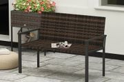 2 Seater Rattan Garden Bench, Outdoor Bench with Quick-Drying Cotton Padding, Wicker Garden Loveseat with Armrests, Steel Frame for Patio, Park, Mixed Brown