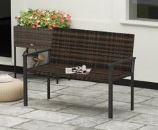 2 Seater Rattan Garden Bench, Outdoor Bench with Quick-Drying Cotton Padding, Wicker Garden Loveseat with Armrests, Steel Frame for Patio, Park, Mixed Brown