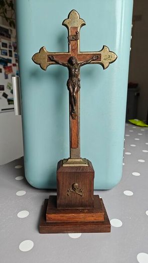 Antique French Altar Crucifix with Memento Mori Skull and Crossbones