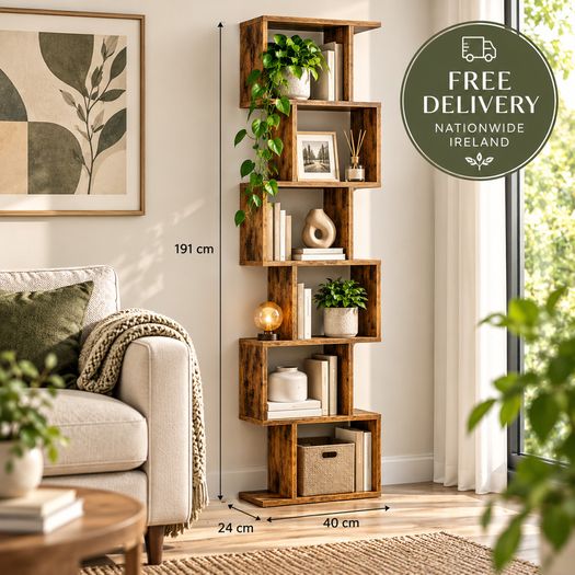 Tall Geometric Bookcase 191cm Rustic Brown Storage Shelf Ireland
