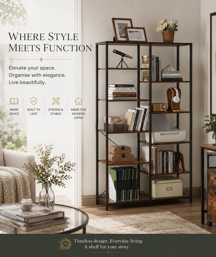 Industrial Bookcase with 10 Shelves Vintage Brown & Black Metal Display Storage Shelf 170cm
