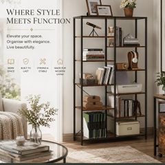 Industrial Bookcase with 10 Shelves Vintage Brown & Black Metal Display Storage Shelf 170cm