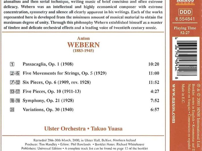 Webern. Passacaglia / Symphony / Five Pieces. CD. Free Postage!