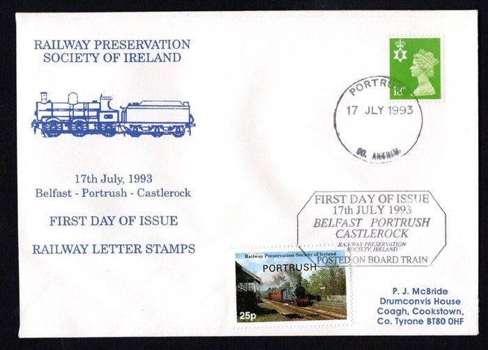 1993 Northern Ireland Railway Presentation Society of Ireland 25p Railway Stamp on First Day Cover (Belfast-Portrush-Castlerock) with 18p Northern Ireland Machin.
