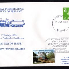 1993 Northern Ireland Railway Presentation Society of Ireland 25p Railway Stamp on First Day Cover (Belfast-Portrush-Castlerock) with 18p Northern Ireland Machin.