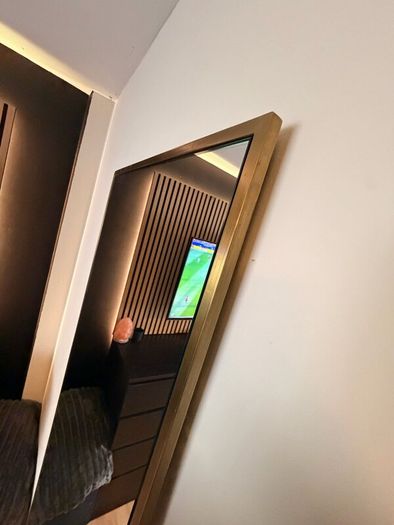 brass mirror with led strip lighting + drawers