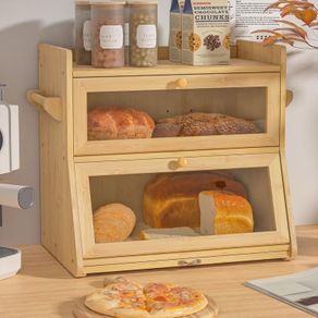 Brand New Natural Bamboo 2-Tier Bread Box Food-Safe Easy-Clean Visual Window