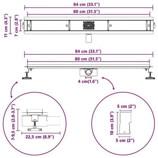 Shower Drain 2-in-1 with 360 Siphon Black 80 cm