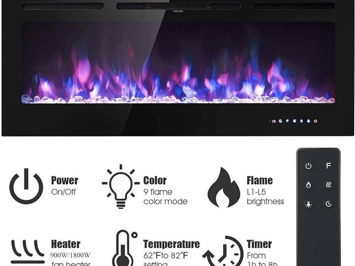 FREE P&P | Electric Fireplace Touch Screen Glass Panel Colorful Flame Insert Wall Mounted Heater Remote Control with Crystal&Log Set,900/1800W