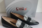 EMIS Womens Pointed Leather Loafers Shoes Black White Animal Print UK4.5 New In Box CAN POST
