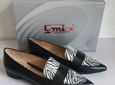 EMIS Womens Pointed Leather Loafers Shoes Black White Animal Print UK4.5 New In Box CAN POST