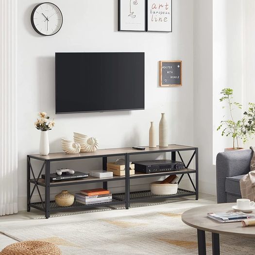 TV Cabinet, TV Table, Lowboard for TVs up to 60 inches, TV Cabinet with Shelves, Steel Frame, TV Shelf for Living Room, Bedroom, Greige-Black