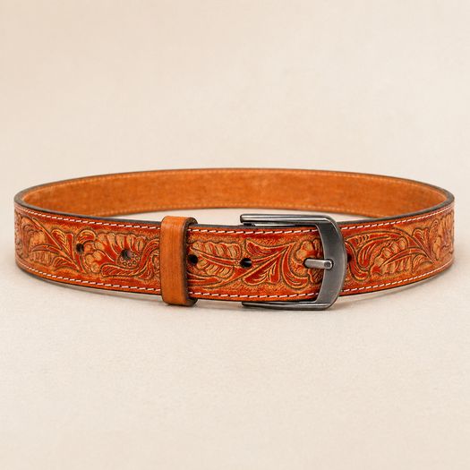Unisex Genuine Leather Belt Vintage Embossed Design with Antique Buckle Casual & Formal Waist Belt