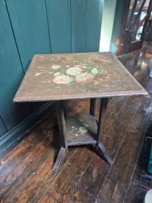 Antique Edwardian folk art handpainted fl9ral side table 2 tier