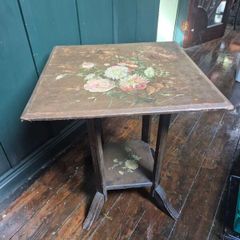 Antique Edwardian folk art handpainted fl9ral side table 2 tier