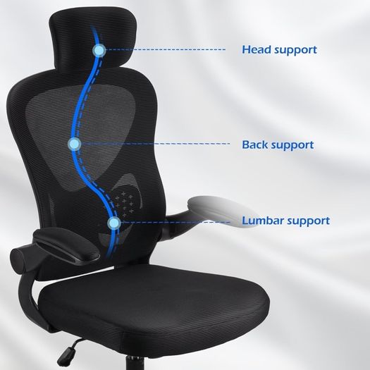 Adjustable headrest office chair, high-back ergonomic computer swivel seat with lumbar support, height adjustment, 360 rotation, tilt function, and 90 flip-up armrests for home office