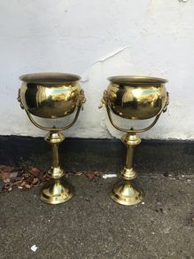 Bargain Tall pair of  Brass jardinieres planters on pedestals.
