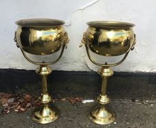 Bargain price for both.Tall pair of 2  Brass jardinieres planters on pedestals.