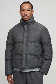 Grey Boxy Fit Check Funnel Neck Puffer Jacket