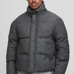 Grey Boxy Fit Check Funnel Neck Puffer Jacket