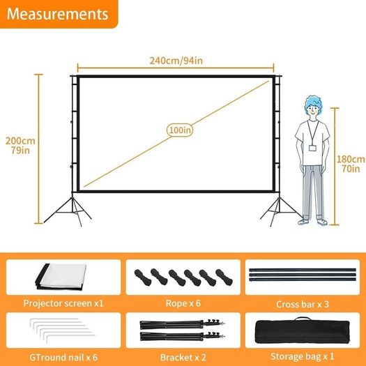FREE EXPRESS SHIPPING Projector Screen and Stand, Projector Screen 100 Inch 4k HD, Outdoor Projector Screen 16 9 Wrinkle Free Design for Backyard Movie Night And (Easy to Clean 160 Degree Viewing Angle A Carry Bag)