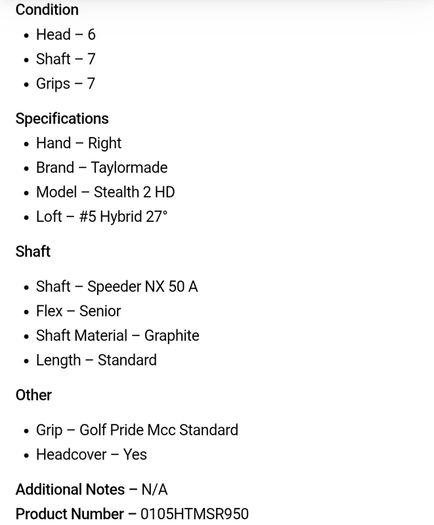 Taylormade Stealth 2 HD Hybrid / #5 27 Degree / Speeder NX 50 A Senior