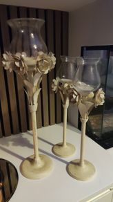 Cream coloured Metal / Glass floral candle stick holders x 3