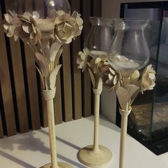 Cream coloured Metal / Glass floral candle stick holders x 3