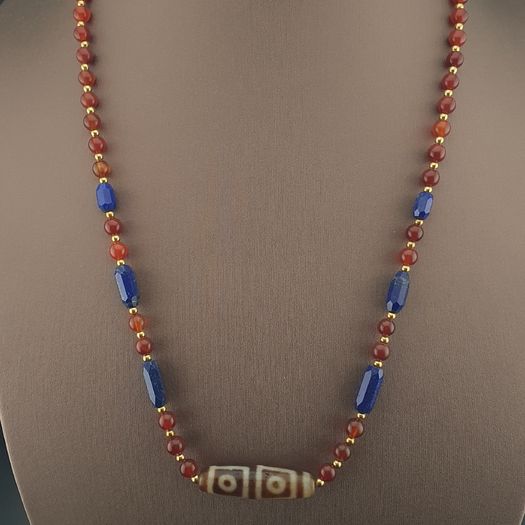 Antique 4 Eyes Himalayan Tibetan Agate With African Carnelian & Lapis Necklace
